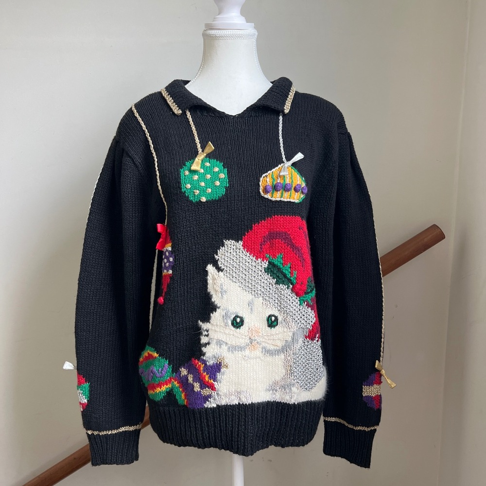 Vintage Marisa Christina Christmas Sweater 3D Bows Cat Novelty Intarsia Handknit